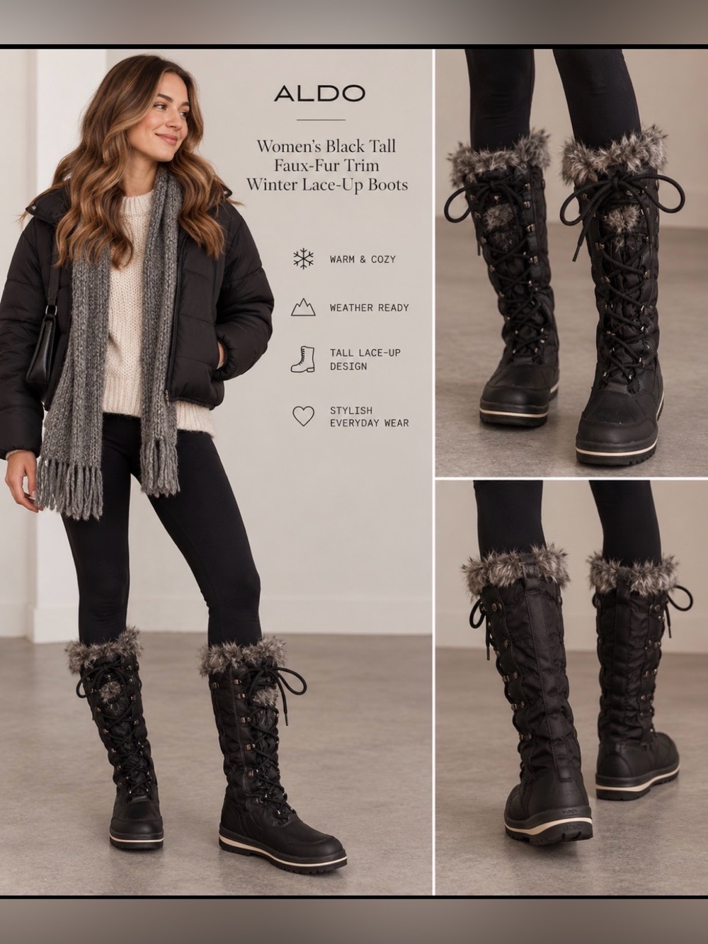 Aldo Women’s Black Tall Faux-Fur Trim Winter Lace-Up Boots, Size 9